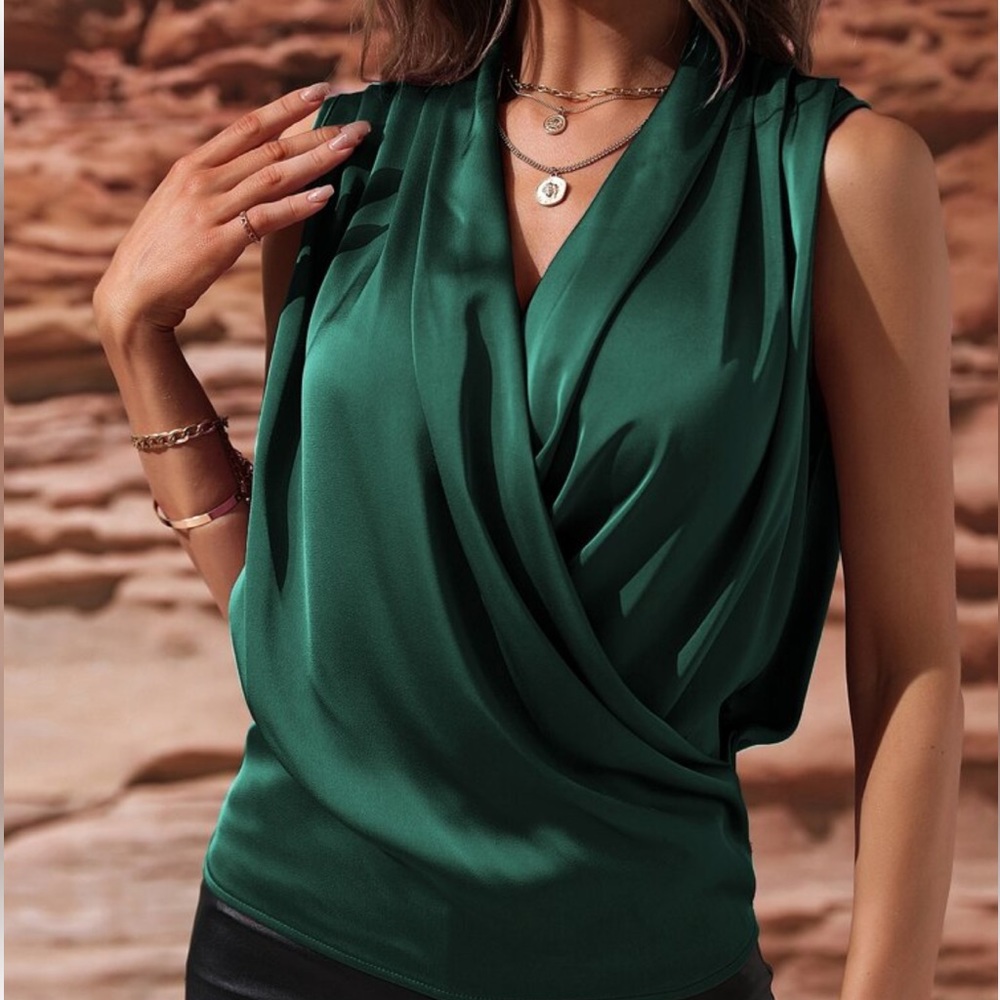 Luxe Satin Classic Ruched Overlap Sleeveless Office Work Top Blouse Shirt GREEN - Picture 2 of 16